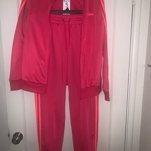 Adidas 2pc track suit- Brand New w/tags. Power Pink with light orange stripes!